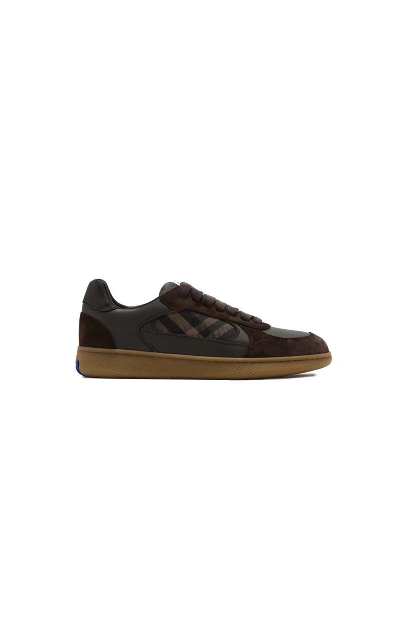 Leather, Suede and Check Terrace Sneakers in Dark Brown