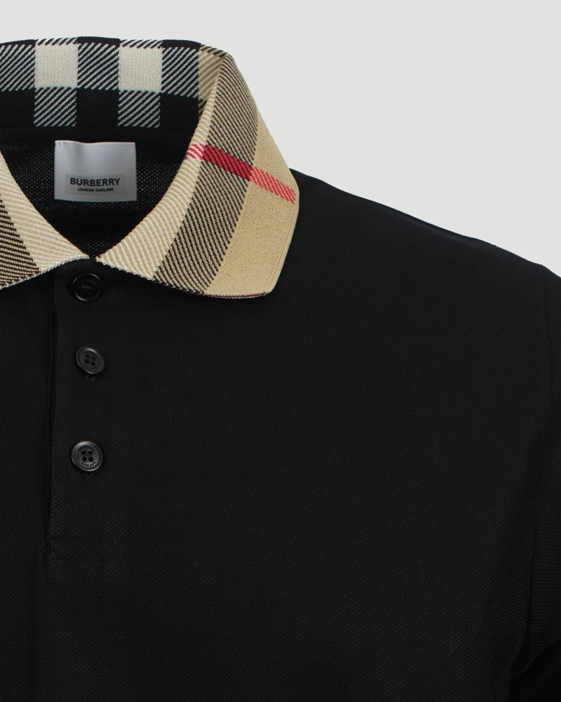 Check Collar Cotton Polo Shirt in Black — снимка 3