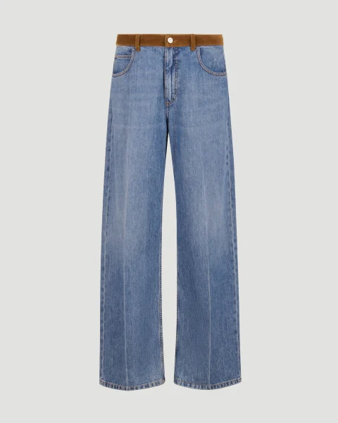Blue Denim Trousers with Velvet Waistband