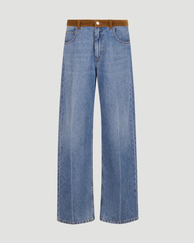 Blue Denim Trousers with Velvet Waistband
