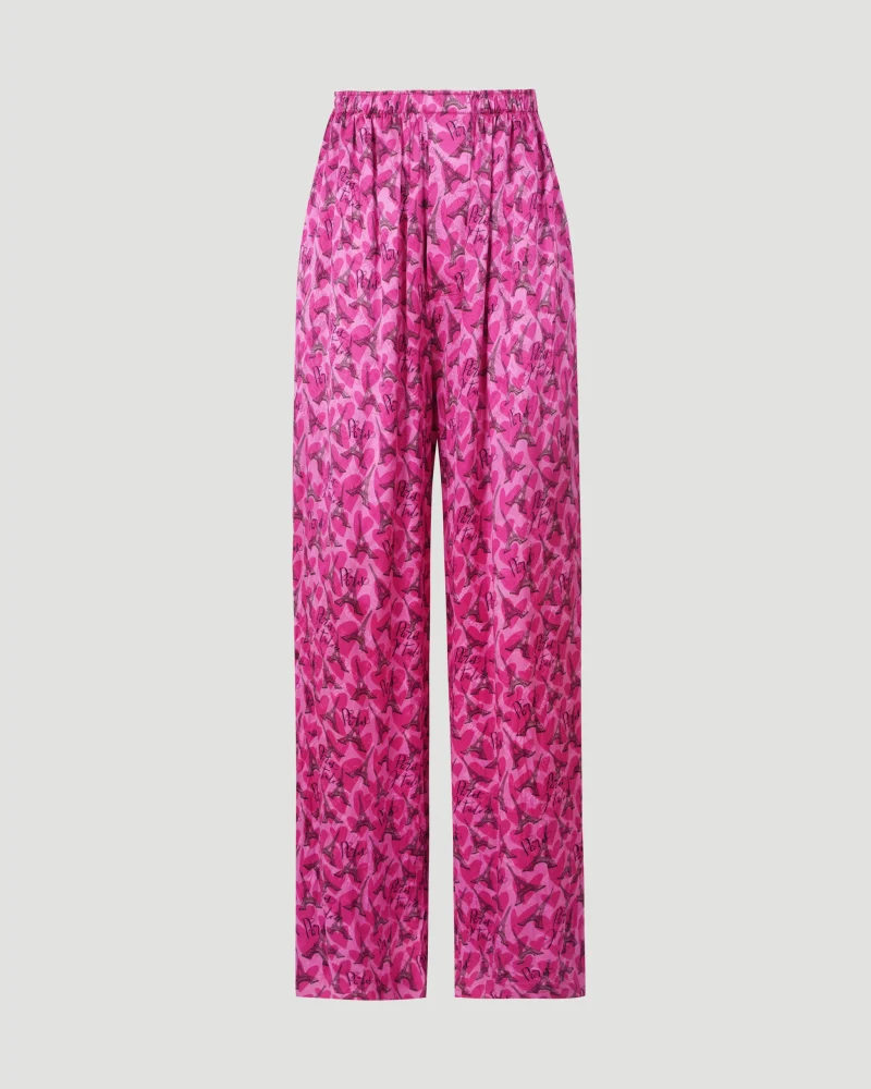 All-Over Eiffel Tower Logo Silk Pants