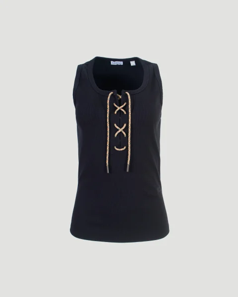 Check Trim Cotton Blend Tank Top in Black