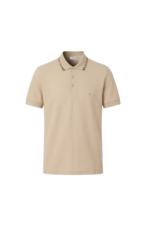 Check Trim Cotton Polo Shirt in Beige