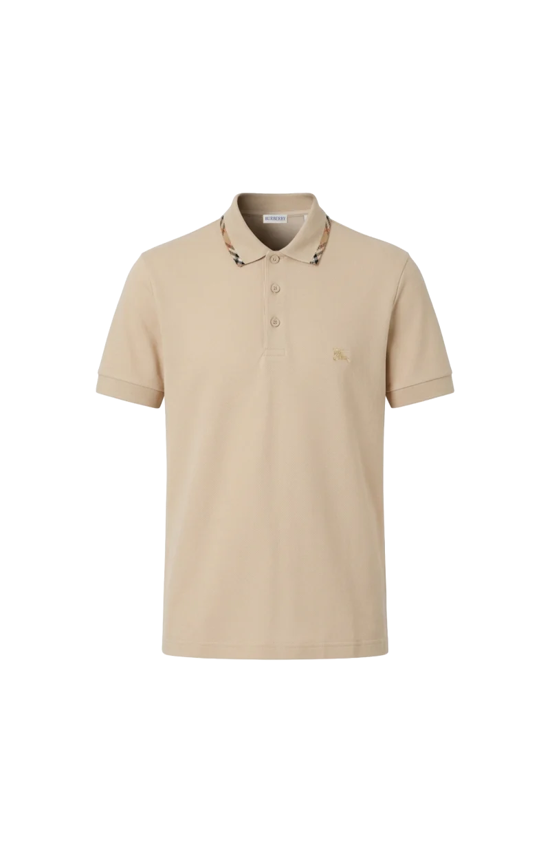 Check Trim Cotton Polo Shirt in Beige