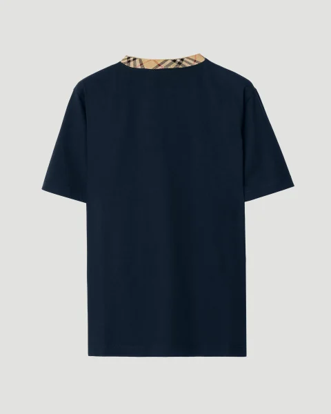 Check Trim Cotton T-Shirt in Navy — снимка 2