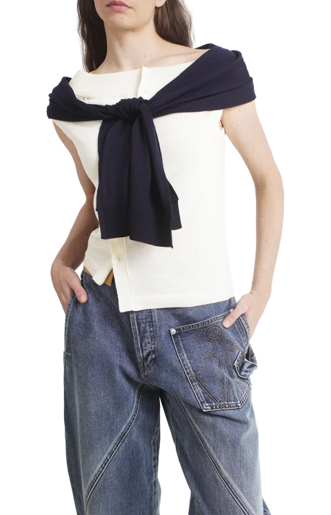 Off Shoulder Tank Top in White & Navy — снимка 2