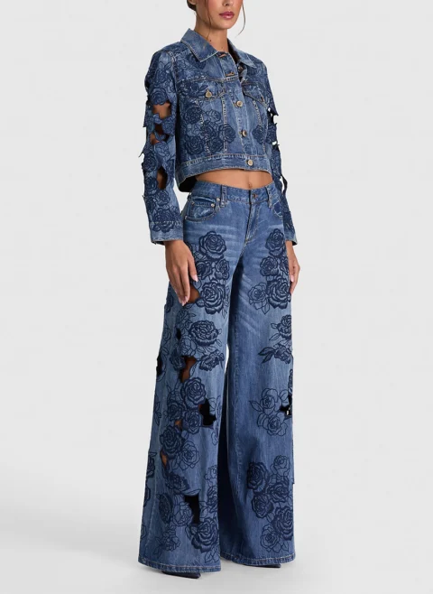 Яке от деним с флорална бродерия 'Chloe laser-cut' Alice + Olivia — снимка 2
