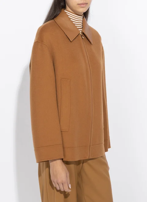 Късо палто от фина вълна с кожен мотив Max Mara Studio Mstsfere — снимка 4