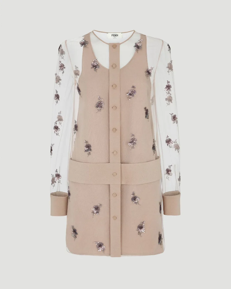 Beige Tulle Dress with Embroidery