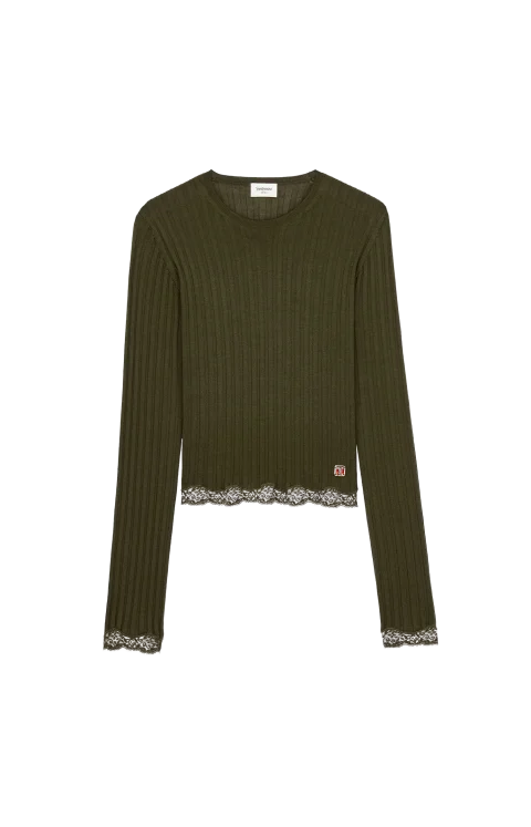 Cassandre Laced Top in Kaki Ribbed Wool, Cashmere, and Silk