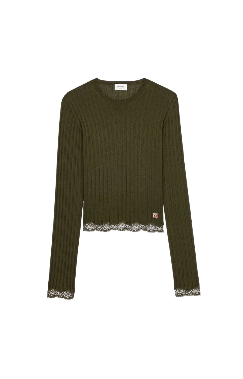 Cassandre Laced Top in Kaki Ribbed Wool, Cashmere, and Silk