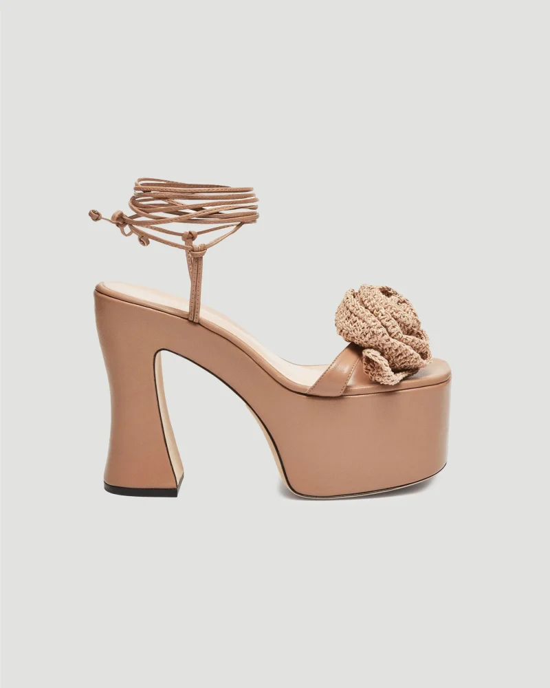 Platform Flower Sandals in Beige Crochet