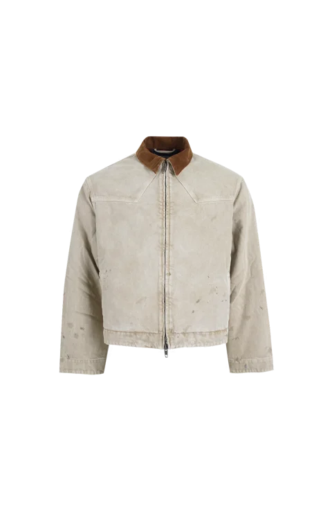 Corduroy-Trimmed Canvas Blouson Jacket in Beige