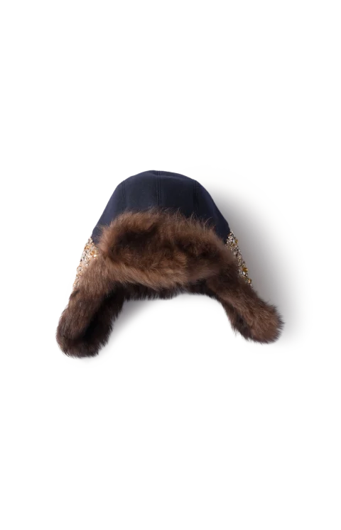 Embroidered Wool and Shearling Hat in Blue/Mahogany/Honey — снимка 2