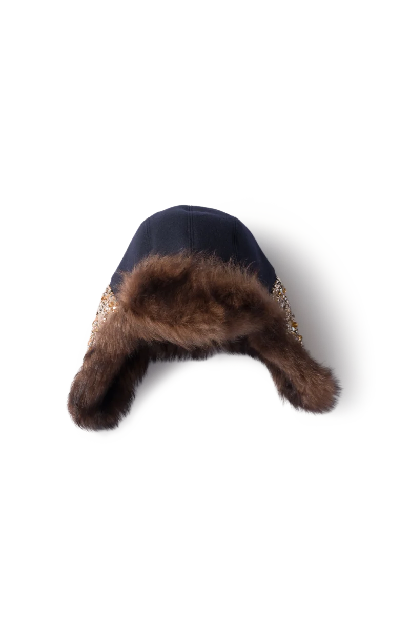 Embroidered Wool and Shearling Hat in Blue/Mahogany/Honey — снимка 2