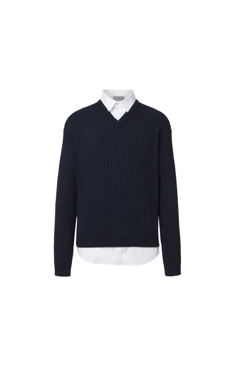 Hybrid Shirt/Knit Sweater in Navy/White