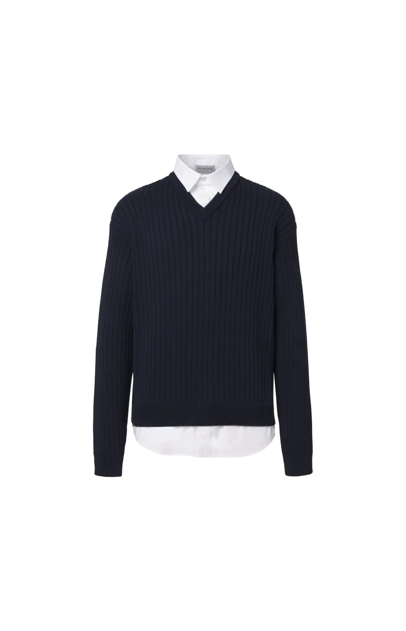 Hybrid Shirt/Knit Sweater in Navy/White