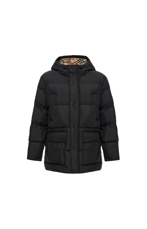 Reversible Check Hooded Puffer Jacket in Black