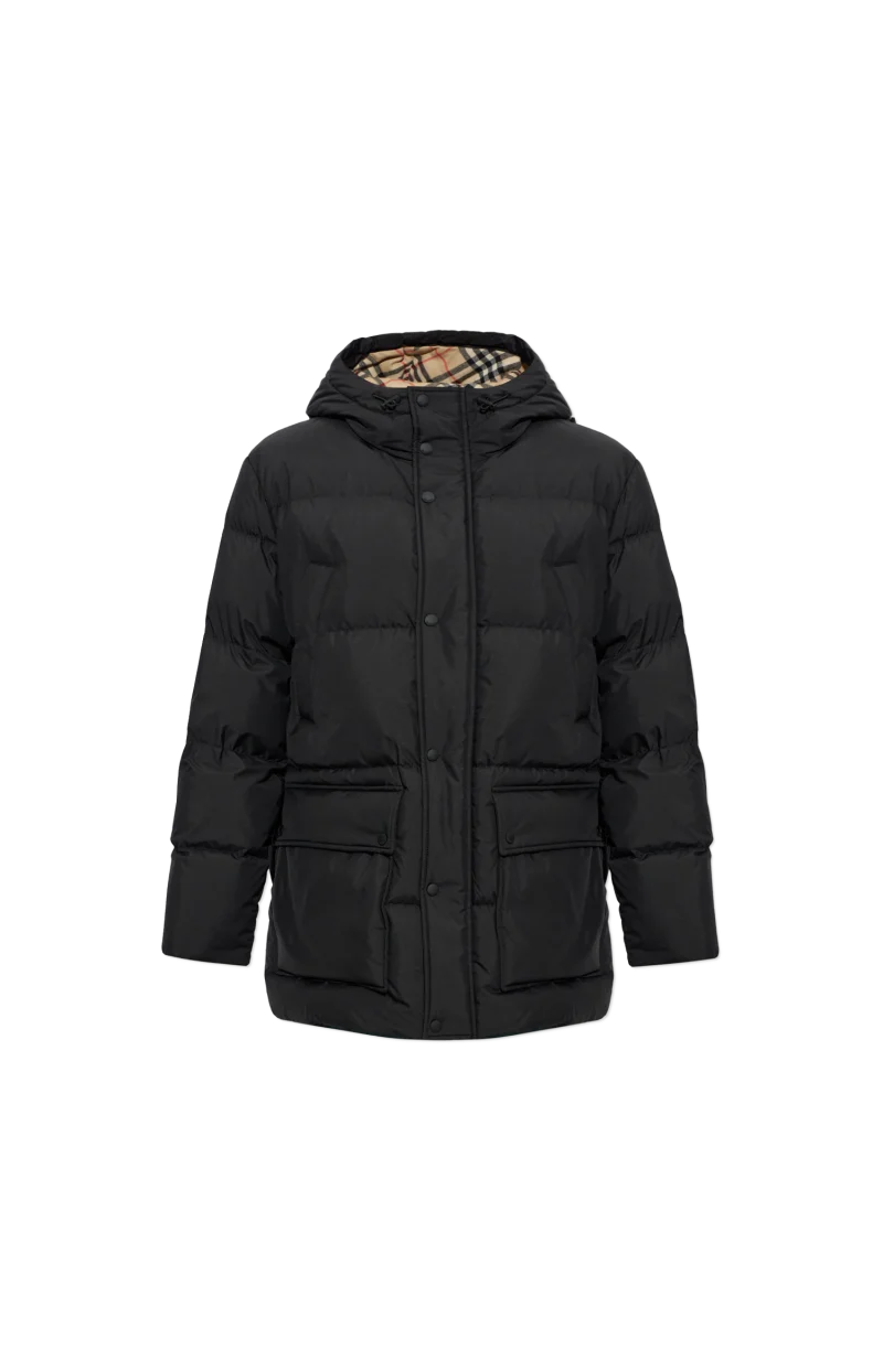 Reversible Check Hooded Puffer Jacket in Black