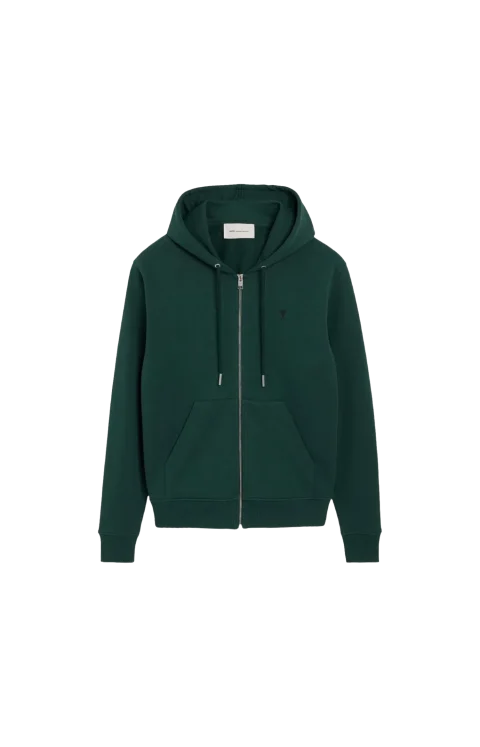 Cotton Zipped Hoodie in Bottle Green