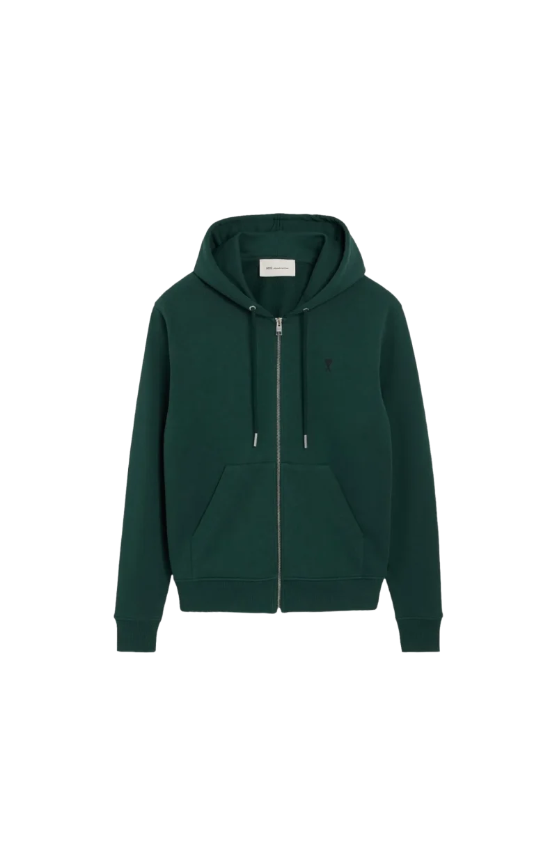 Cotton Zipped Hoodie in Bottle Green