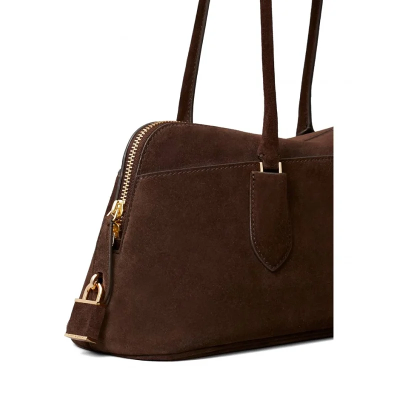 Дамска кафява чанта LOCK SUEDE EAST-WEST SATCHEL TORY BURCH — снимка 8