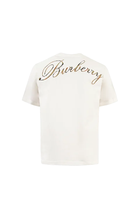 Check Cursive Logo Cotton T-Shirt in Ecru — снимка 2