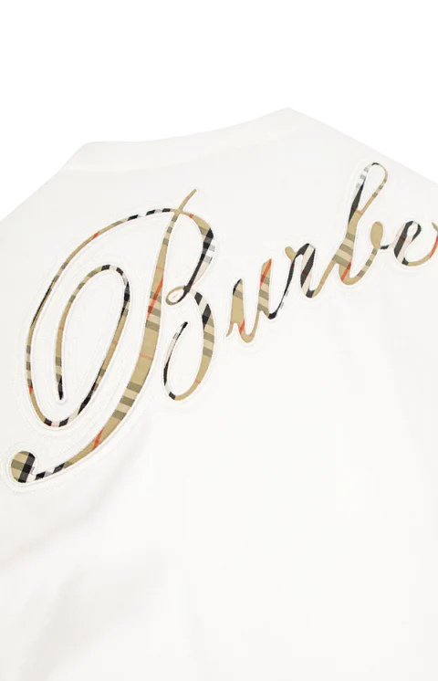 Check Cursive Logo Cotton T-Shirt in Ecru — снимка 3