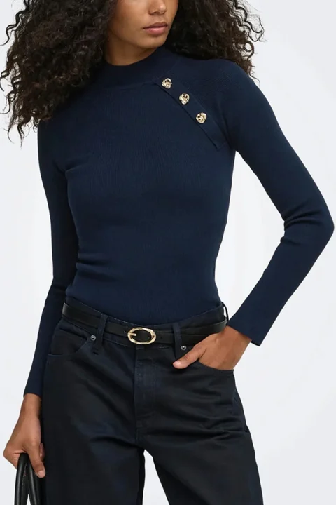 Плетено Onlmaisie Button Highneck 15378491 19-3923 TCX navy blazer — снимка 2