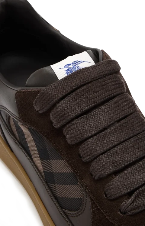 Leather, Suede and Check Terrace Sneakers in Dark Brown — снимка 4