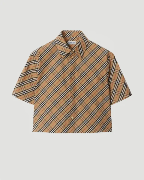 Cropped Check Cotton Shirt in Sand