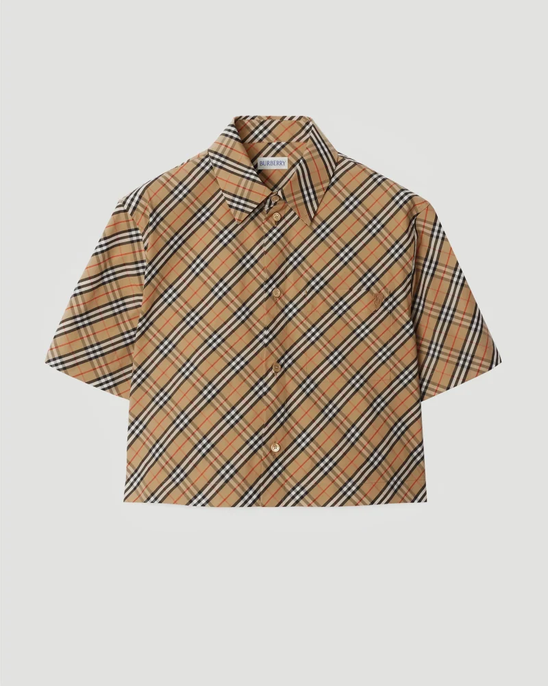 Cropped Check Cotton Shirt in Sand