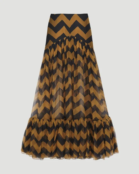 Ruffled Long Skirt in Chevron Silk