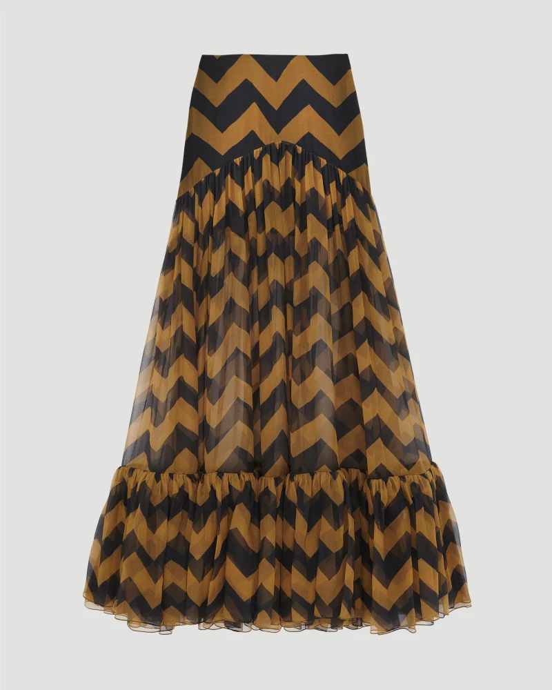 Ruffled Long Skirt in Chevron Silk