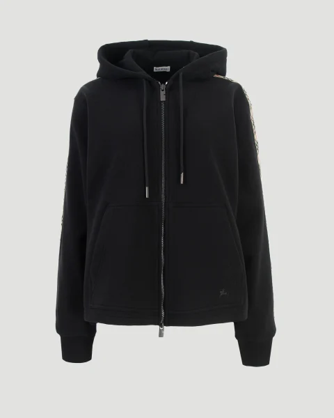 Check Trim Cotton Zip Hoodie in Black