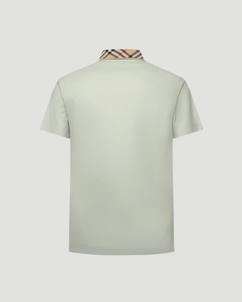 Check Collar Cotton Polo Shirt in Green — снимка 2